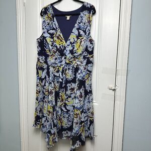 Flowy Floral Dress Womens 20W Blue A Line Fully Lined V Neck Plus Size Colorful
